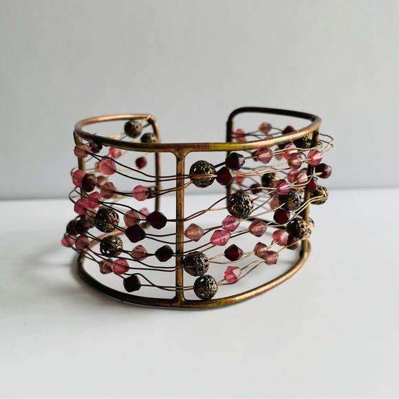 Wire Cuff Bracelet with Pink and Brown Beads - Picture 3 of 16
